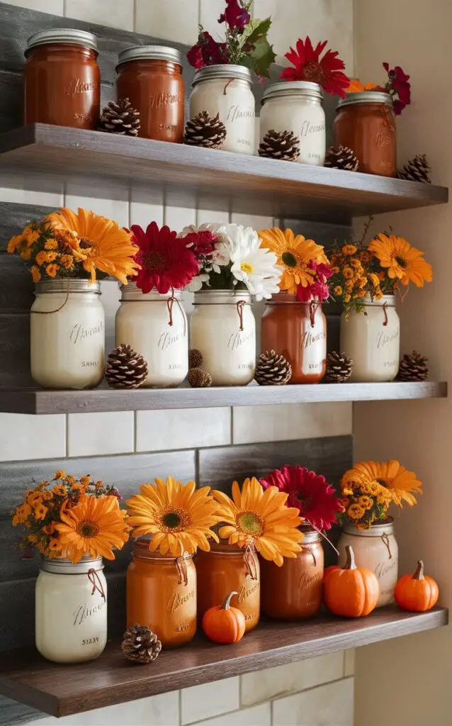 Mason jars filled with candles, flowers, acorns, pinecones, and mini pumpkins, arranged on kitchen shelves. These versatile jars contribute to the rustic fall decor theme.