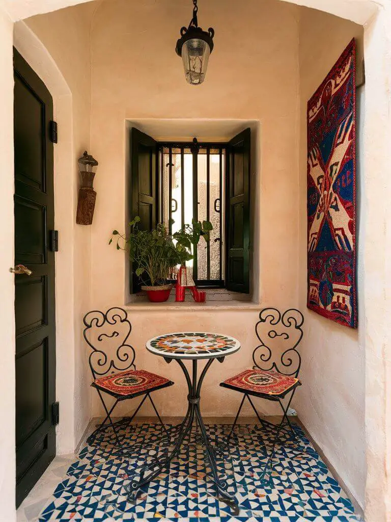 A Small Mediterranean-inspired nook featuring a small mosaic table, wrought iron chairs, and vibrant textiles.