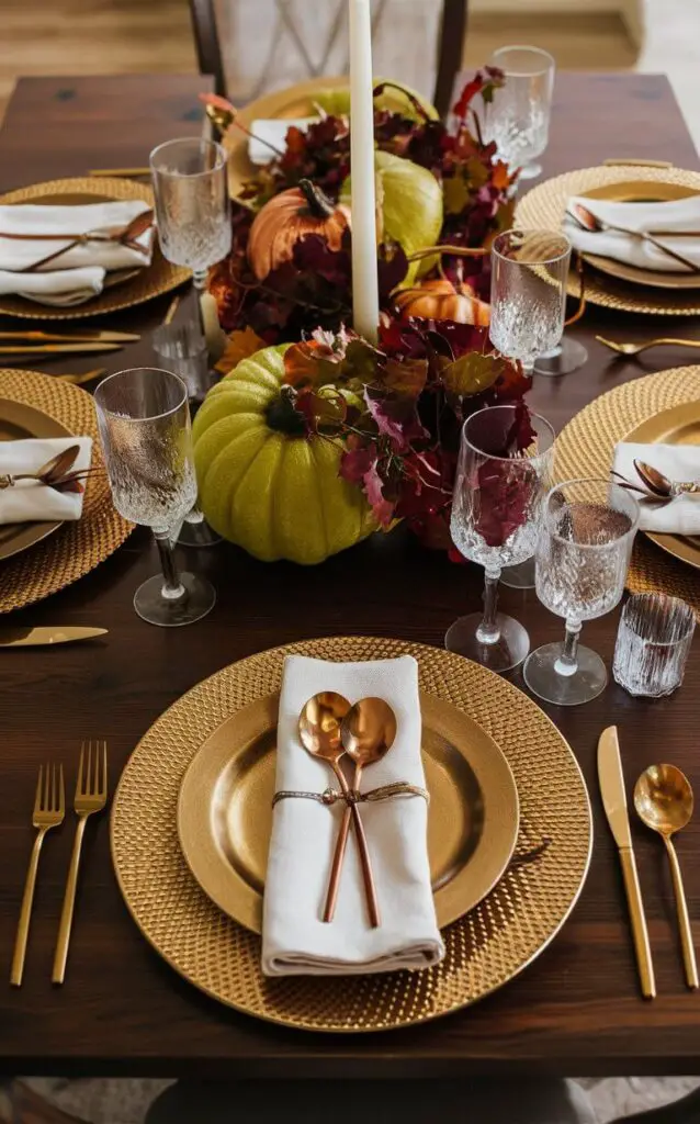 A close-up of a dining table with metallic accents in gold, bronze, and copper as part of the fall decor. Metallic chargers, cutlery, and candleholders add a touch of elegance to the warm tones of autumn.