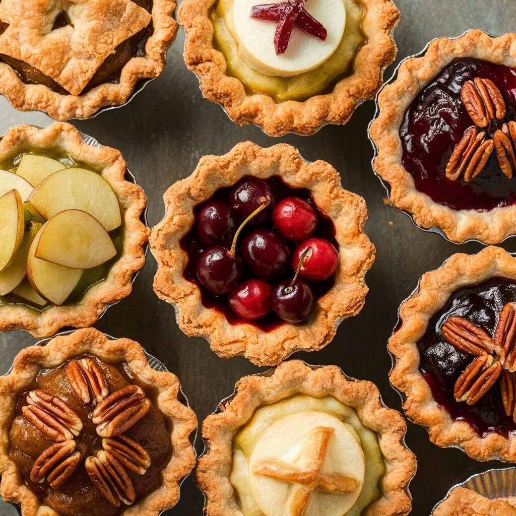 A delightful assortment of mini pies, each showcasing a unique and delectable flavor. The golden, flaky crusts are meticulously arranged, with fillings such as juicy apple, tart cherry, and rich pecan. The mini pies are perfectly portioned for individual servings, making them an irresistible treat for any gathering or dessert lover.