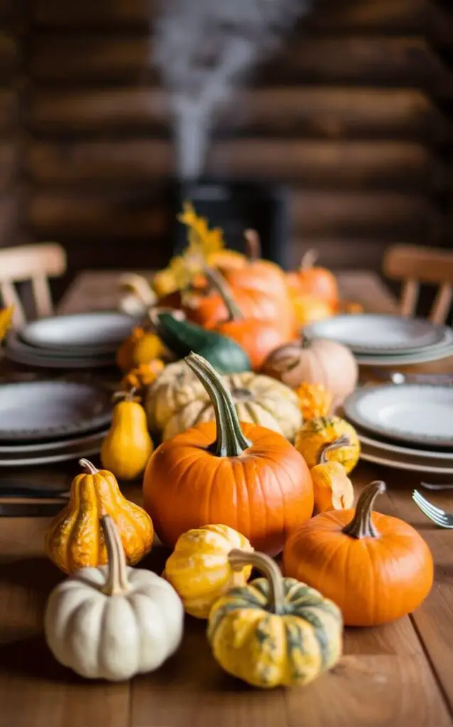 A warm and cozy autumn scene featuring a beautifully set dining table. The table is adorned with an array of mini pumpkins and gourds, showcasing a vibrant mix of orange, yellow, and green hues. The pumpkins are of various shapes and sizes, creating an inviting and charming atmosphere. The background reveals a rustic wooden cabin with smoke rising from the chimney, setting the scene for a delightful fall gathering.