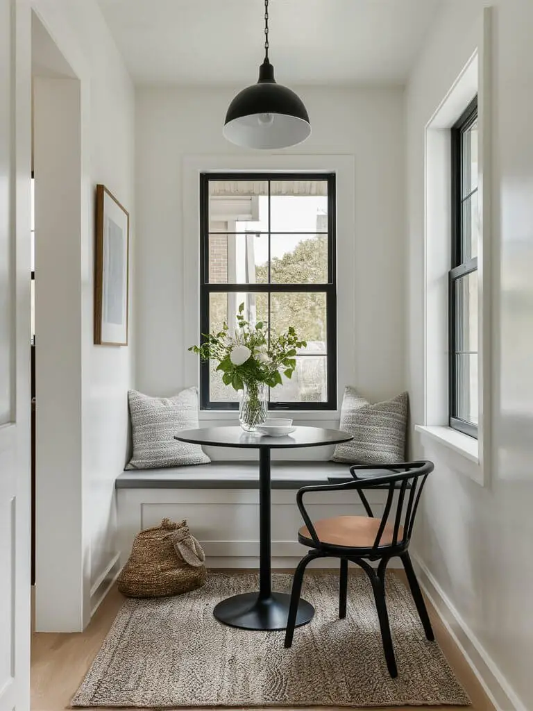 Picture of a small modern minimalist nook with clean lines, neutral colors, and simple furniture.