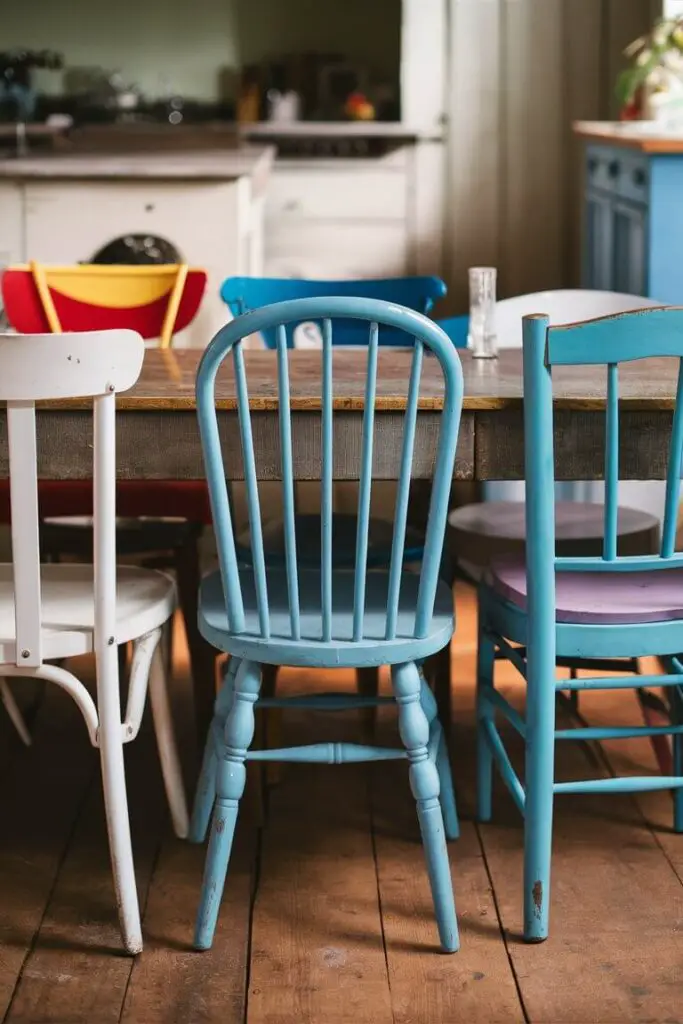 a close-up of An eclectic kitchen featuring a mix of vintage and modern chairs around a rustic wooden table. Each chair is a different color and style, illustrating the charm of Colorful Eclectic Kitchen Ideas through diverse furniture.