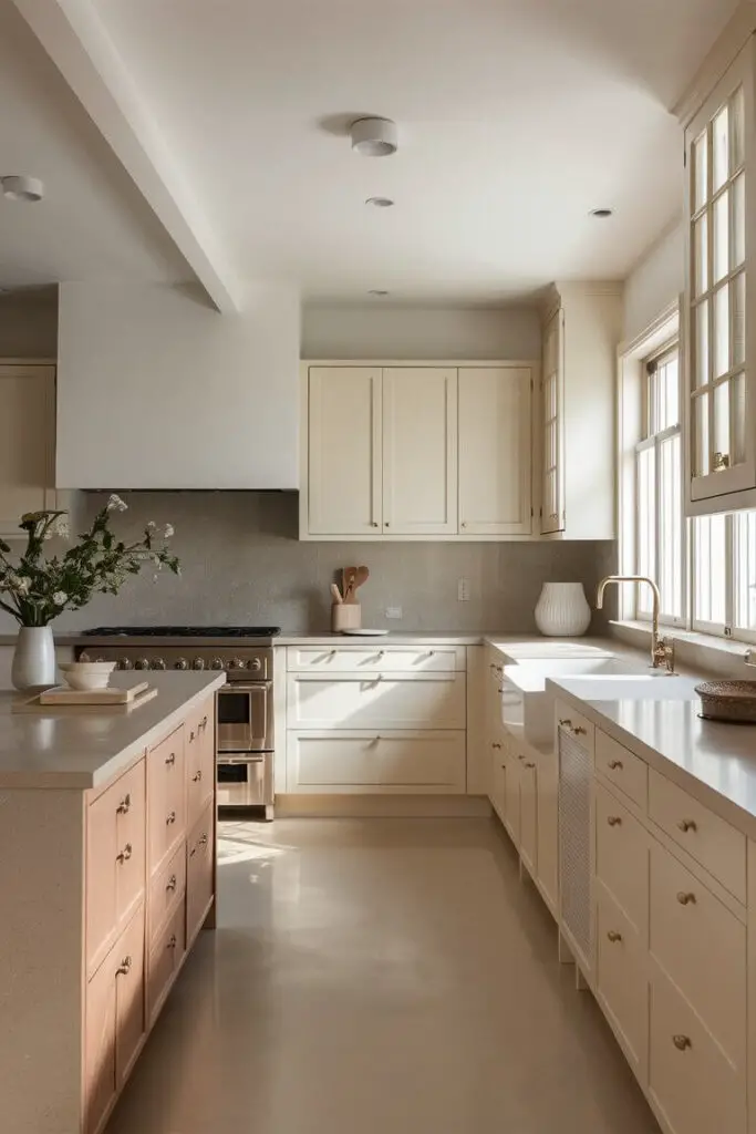 A serene and stylish Japandi kitchen, where Japanese minimalism and Scandinavian functionality seamlessly merge. The room is adorned in calming shades of white, beige, and gray, with crisp white cabinets and walls creating a clean and refreshing atmosphere. A light gray backsplash adds an understated sophistication, while the warm, inviting beige countertops create a pleasing contrast. The space is bathed in natural light streaming through large windows, highlighting the delicate tones of the harmonious color palette. The result is a tranquil, airy, and timeless kitchen that exudes contemporary elegance.