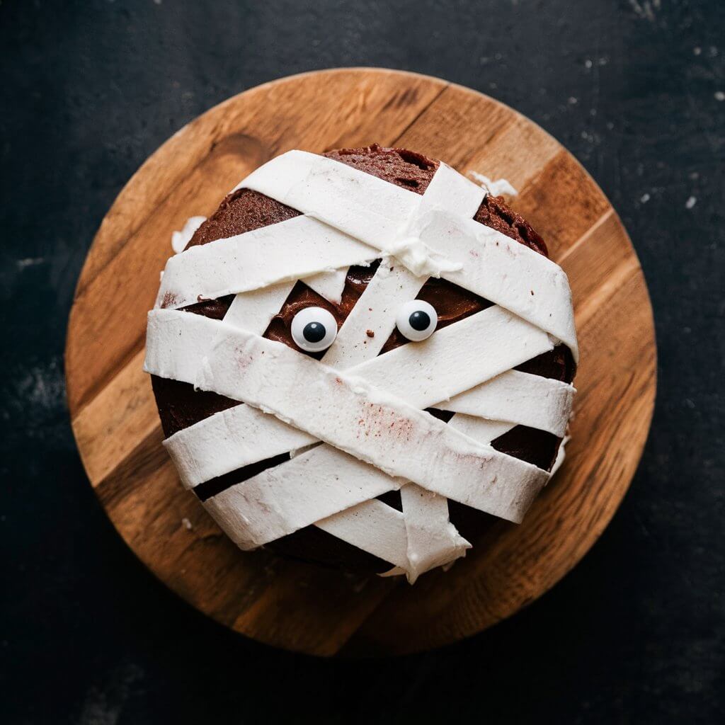 A simple yet fun Halloween cake frosted with white icing in a bandage-like pattern. Candy eyes peek through the "bandages", making this a perfect last-minute Halloween treat.