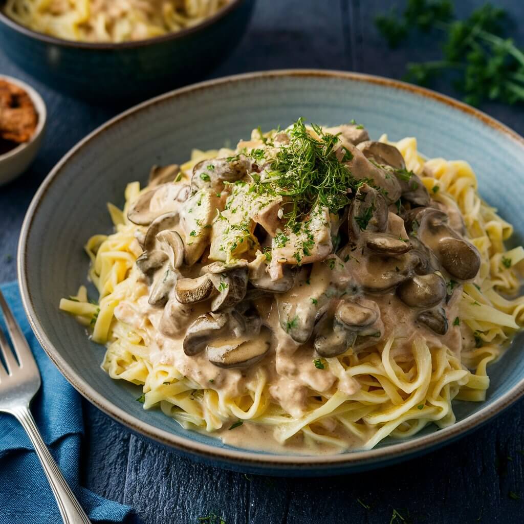 "A bowl filled with creamy mushroom stroganoff, generously ladled over a bed of tender egg noodles, garnished with a sprinkle of fresh herbs on top of the dish.