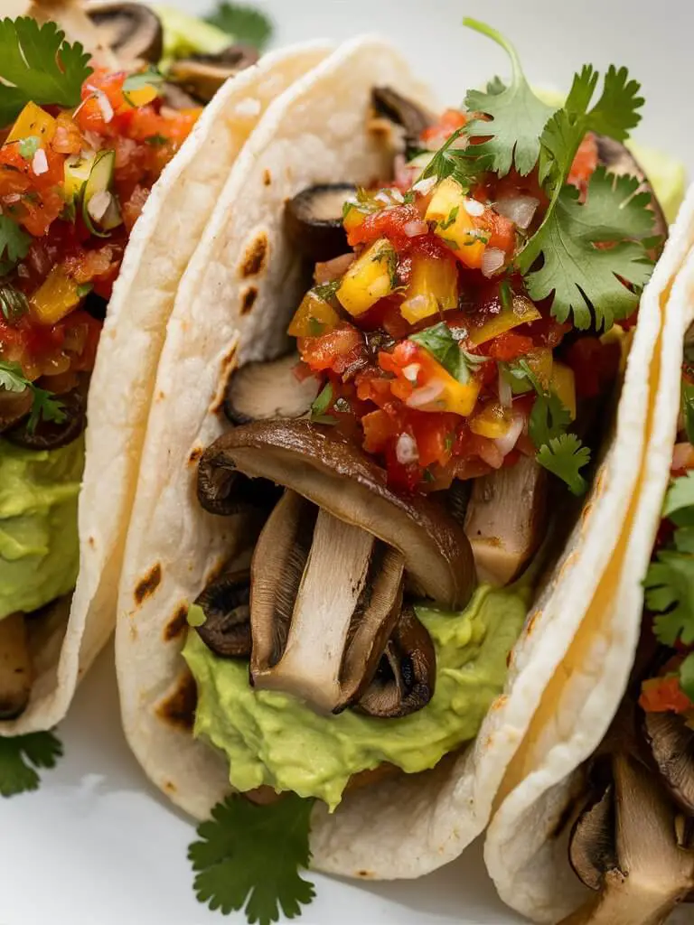 Delicious mushroom tacos featuring thinly sliced mushrooms, generously topped with zesty salsa, creamy avocado spread, and finished with a sprinkle of fresh cilantro leaves.