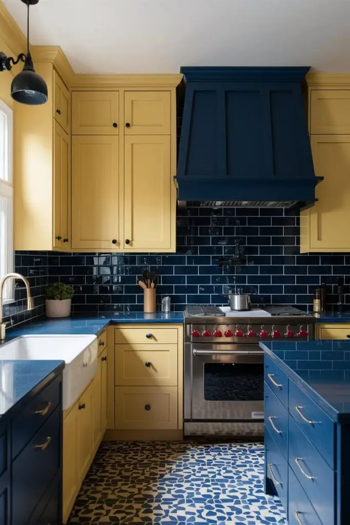 A dynamic kitchen displaying the mustard yellow and navy blue color combination. Mustard yellow cabinets are complemented by navy blue countertops and a navy blue tile backsplash, creating a bold and stylish space.