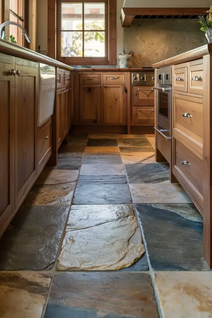 A cozy, earthy kitchen showcasing beautiful natural stone flooring, consisting of a mix of slate and limestone tiles. The floor has a variety of textures and colors, adding depth and warmth to the space. The tiles feature shades of gray, brown, and beige, blending harmoniously with the wooden cabinets and countertops. The room is well-lit, and sunrays peek through the window, casting a soft glow on the stone floor, making it shine like a natural gem.