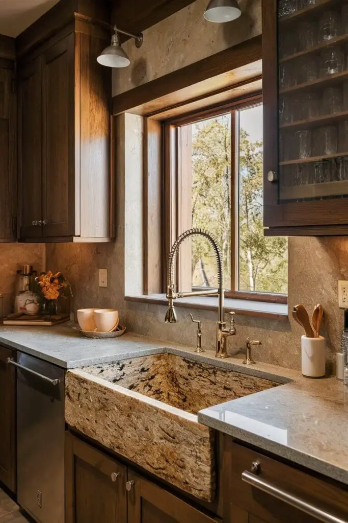 An earthy kitchen featuring a natural stone sink made from granite. The unique patterns and colors of the stone make the sink a standout feature, paired with metal fixtures for a cohesive look.