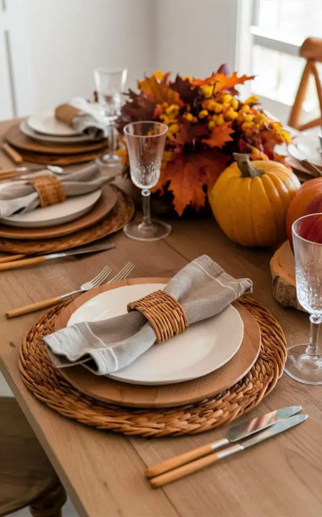 A dining table featuring natural textures as part of the fall decor. Wooden chargers, wicker placemats, and rattan napkin rings complement the autumnal theme, adding a rustic, earthy feel to the setting.