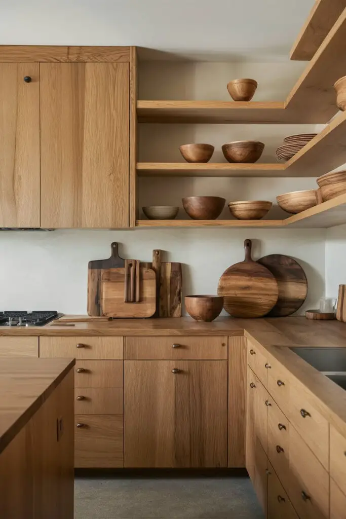 An earthy kitchen with natural wood finishes, featuring oak cabinets, a walnut countertop, and open maple shelving. Wooden cutting boards, bowls, and utensils are displayed, enhancing the warm, inviting atmosphere.