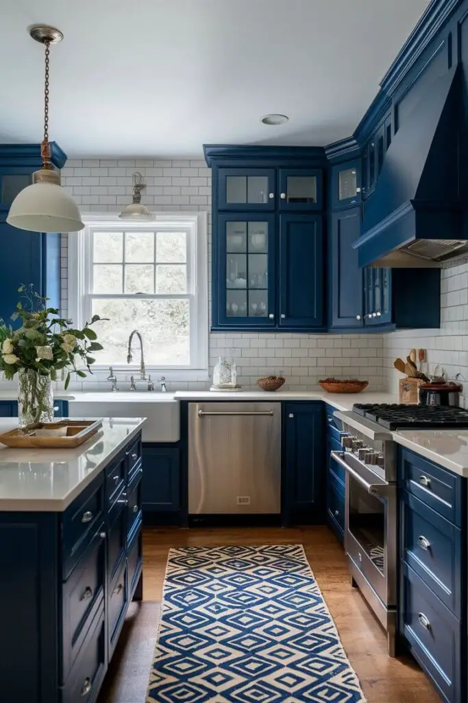 A timeless kitchen displaying the navy blue and white color combination. Navy blue cabinets are complemented by white countertops and a white subway tile backsplash, enhanced by stainless steel appliances for a classic look.