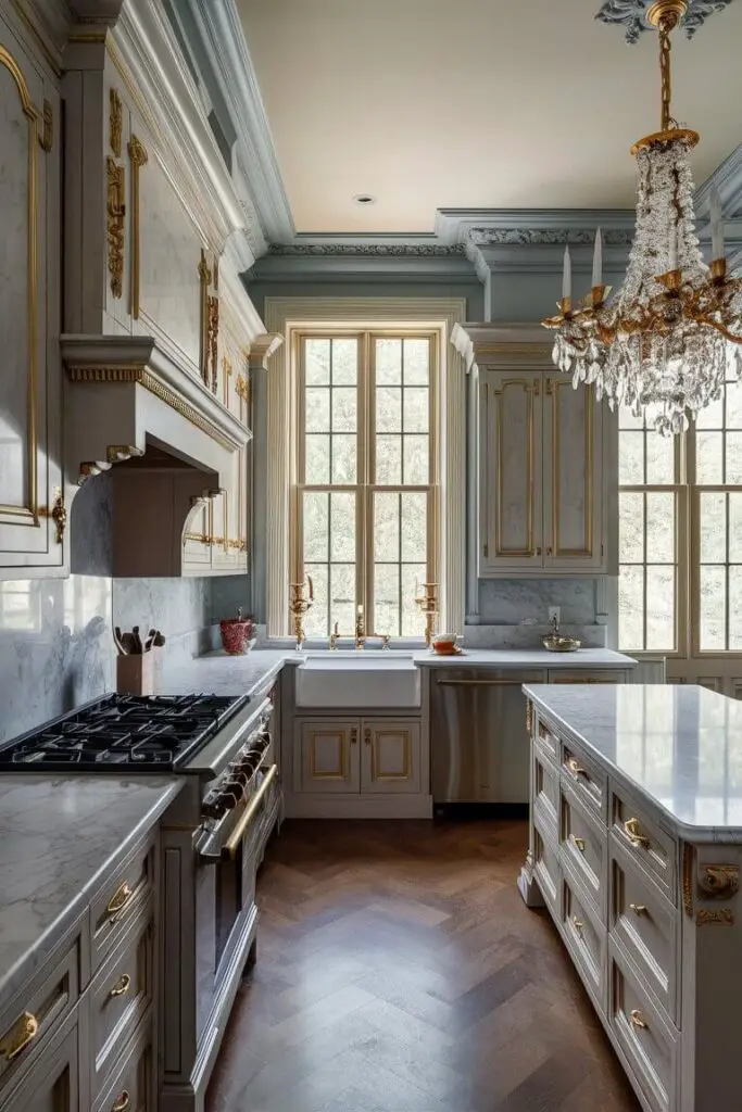 A realistic image of A Neoclassical kitchen with marble countertops and gilded hardware. The room features elegant cabinetry with ornate moldings and soft, muted colors. High ceilings and large windows enhance the sense of space, while a grand chandelier provides a touch of sophistication. The countertop has a gas stove, stainless steel kitchen sink with a faucet, and dishwasher