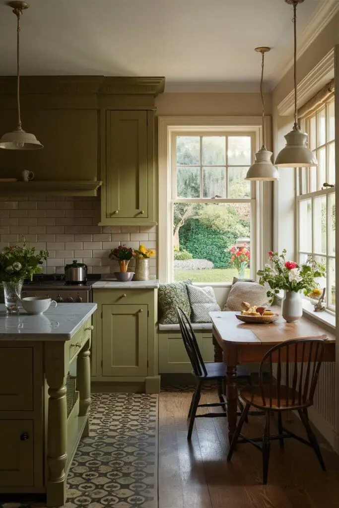 A charming, cozy kitchen exudes warmth and comfort with its olive green cabinetry and cream countertops. The olive green island boasts a cream marble top, and cream subway tiles adorn the backsplash, adding to the timeless appeal. The soft glow of pendant lights hangs above the island, casting a gentle radiance. A wooden dining table sits by the window, inviting one to enjoy a cup of tea and take in the picturesque garden view.