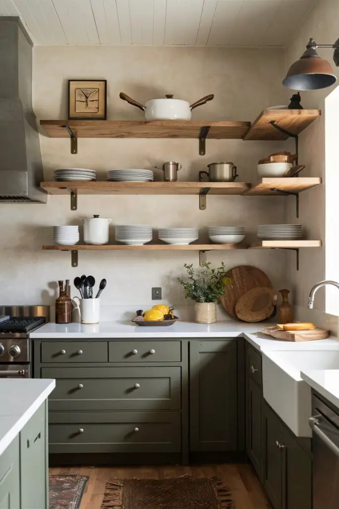 An earthy kitchen with open shelving made from wood and metal. The wooden shelves with metal brackets display dishes, cookware, and decorative items, adding a rustic and industrial element.