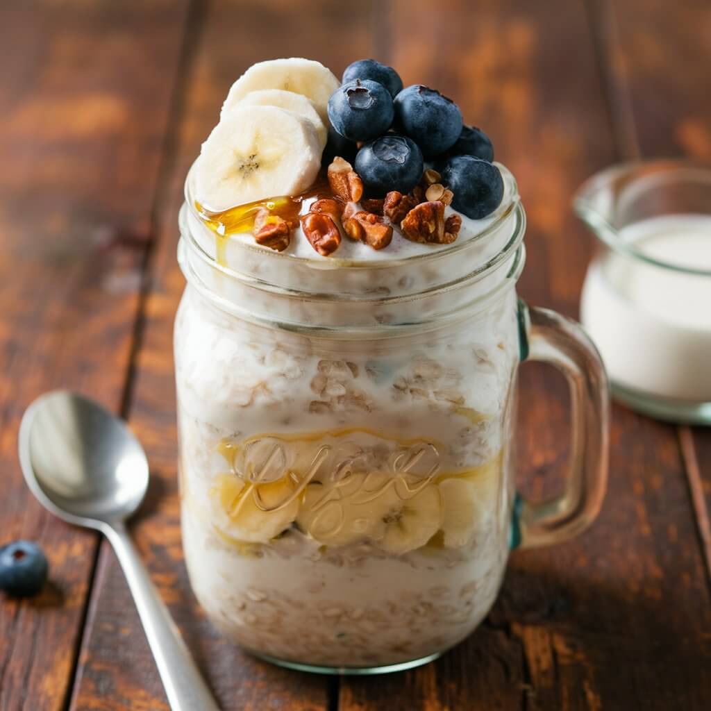 A mason jar layered with creamy overnight oats, topped with fresh slices of banana, a handful of blueberries, and a sprinkle of chopped nuts. There’s a drizzle of honey and a dusting of cinnamon on top. The jar is placed on a wooden table with a spoon beside it and a small pitcher of milk in the background.