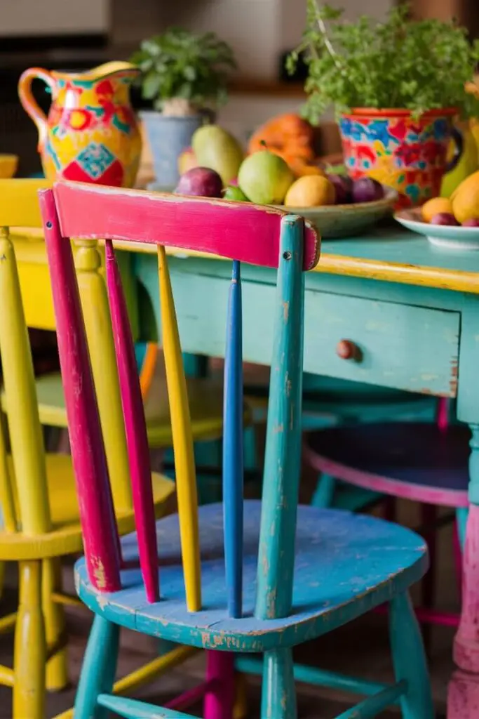 A vibrant, close-up shot of an eclectic kitchen, showcasing a charming old wooden table and chairs. The chairs are painted in a kaleidoscope of bright, bold colors, adding a lively touch to the room. The table is adorned with an assortment of fresh fruits and a colorful ceramic pitcher, while a potted herb adds a touch of greenery. The overall atmosphere of the image is cheerful and inviting, with a sense of new life breathing into the space.