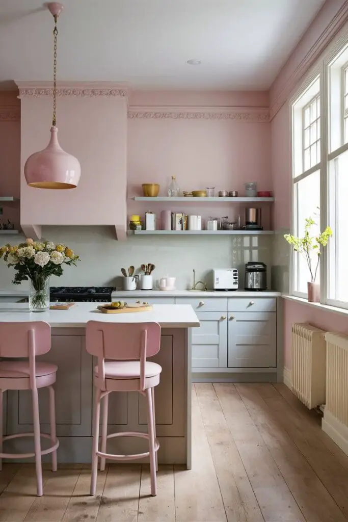 A delicate kitchen showcasing the pale pink and dove gray color combination. Pale pink accents, such as bar stools and small appliances, add a soft touch to the dove gray cabinetry and walls.