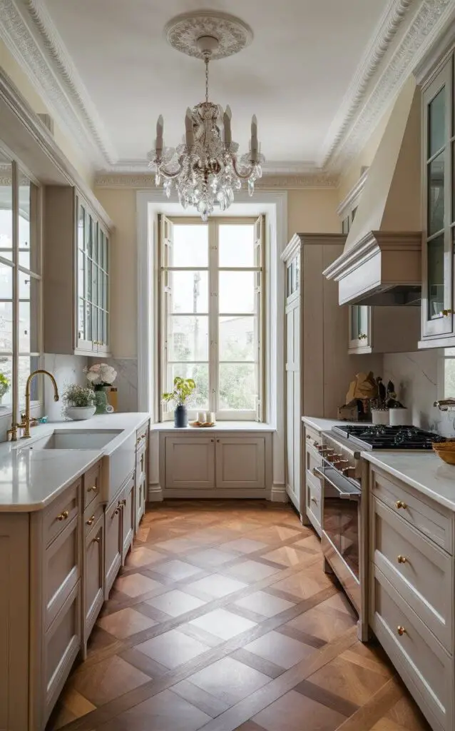 A Palladian kitchen inspired by classical architecture with symmetry and proportion. Light-colored wood or painted cabinetry and marble or granite countertops define this style. Large windows, elegant moldings, and a chandelier enhance the sense of space and light.