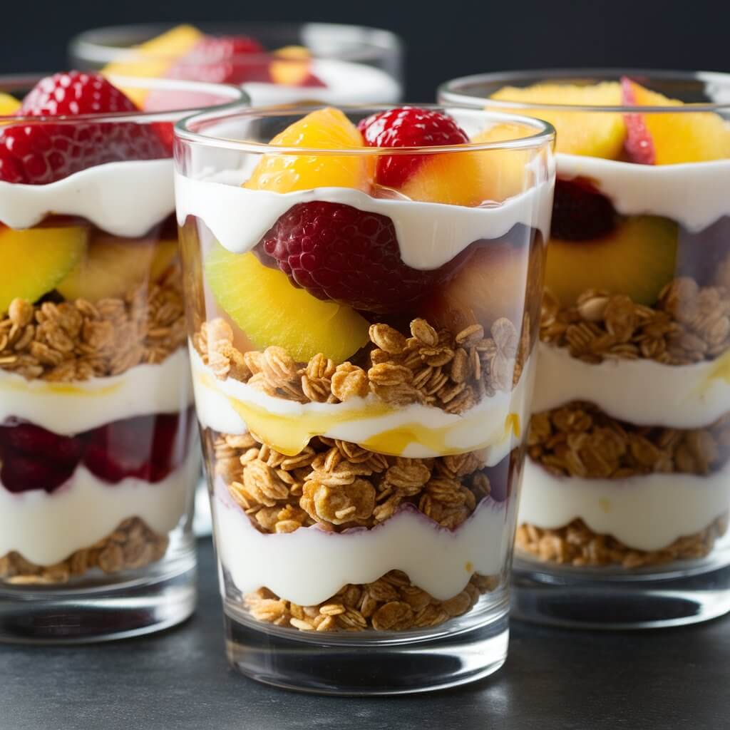 Layered parfaits in clear glasses, showcasing layers of yogurt, granola, fresh fruit, and a drizzle of honey. The layers are distinct and colorful, creating a healthy and visually appealing dessert.