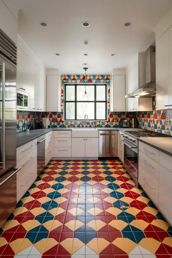 The kitchen features a striking floor that immediately catches the eye with its bold, geometric design. The tiles are arranged in a complex pattern incorporating red, blue, and yellow, creating a vibrant and eclectic visual effect. The red tiles are a deep, rich hue, while the blue tiles range from a soft sky blue to a more intense royal blue. The yellow tiles are bright and cheerful, adding a lively touch to the overall design.

The kitchen cabinets are sleek and modern, painted in a crisp white that contrasts nicely with the colorful floor. The countertops are made of a smooth, gray stone, providing a neutral backdrop that allows the floor tiles to stand out. Stainless steel appliances, including a refrigerator, oven, and dishwasher, add a touch of contemporary style to the space.

A large window above the sink lets in plenty of natural light, illuminating the room and highlighting the intricate tile pattern. The walls are painted a soft, pale gray, which complements the gray countertops and adds to the overall brightness of the kitchen.

In the center of the kitchen, a wooden island provides additional counter space and storage. The island is topped with the same gray stone as the countertops, ensuring a cohesive look. Around the island, a few bar stools with colorful cushions—one in red, one in blue, and one in yellow—tie in with the floor tiles and add to the eclectic feel of the room.

On one side of the kitchen, open shelves display a variety of dishes, cookbooks, and decorative items, adding a personal touch and a bit of organized clutter that enhances the eclectic vibe. Potted plants are scattered around the kitchen, bringing a touch of greenery and freshness to the space.

Overall, this kitchen is a perfect example of how colorful, patterned floor tiles can bring personality and visual interest to a room. The combination of bright, bold colors with modern, sleek elements creates a unique and inviting space.