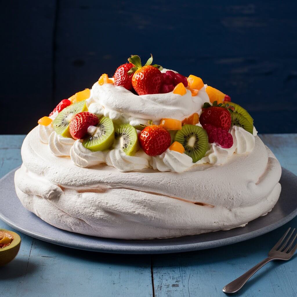 A large pavlova topped with whipped cream and a variety of fresh fruits like strawberries, kiwi, and passionfruit. The meringue base looks crisp on the outside and soft on the inside.