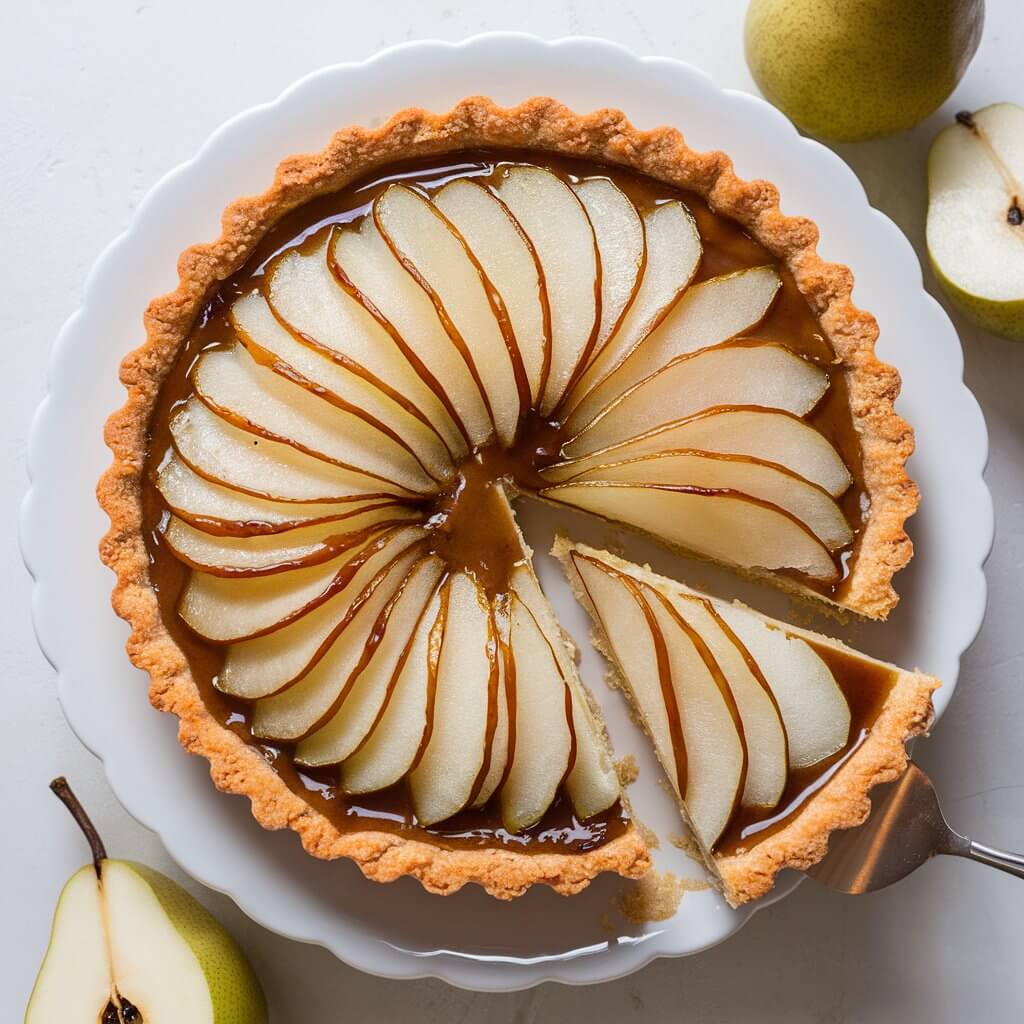 The image features a beautifully baked pear tart placed on a white serving platter. The tart has a golden-brown crust with a scalloped edge. The filling consists of thinly sliced pears arranged in a fan-like pattern, covered in a glossy glaze, giving the tart an appealing, shiny finish. A single slice has been cut from the tart and is slightly lifted, showcasing the flaky crust and tender pear filling. Surrounding the tart are fresh pears, with one pear cut in half to reveal the juicy interior. The background is a light, neutral color, which accentuates the warm tones of the tart and the freshness of the pears.