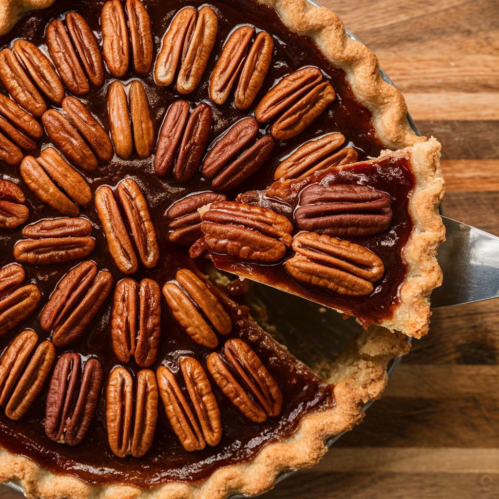 A rich pecan pie with a glossy, caramelized top, showcasing whole pecans arranged in a beautiful pattern, with one piece being lifted out with a metal spatula.. The scene includes a wooden cutting board for a rustic feel.