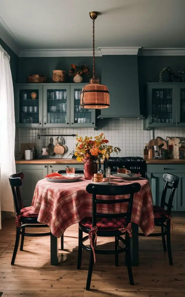 Plaid tablecloths, napkins, and chair cushions used in the kitchen. The classic plaid patterns contribute to a cozy, autumnal vibe, enhancing the fall decor.