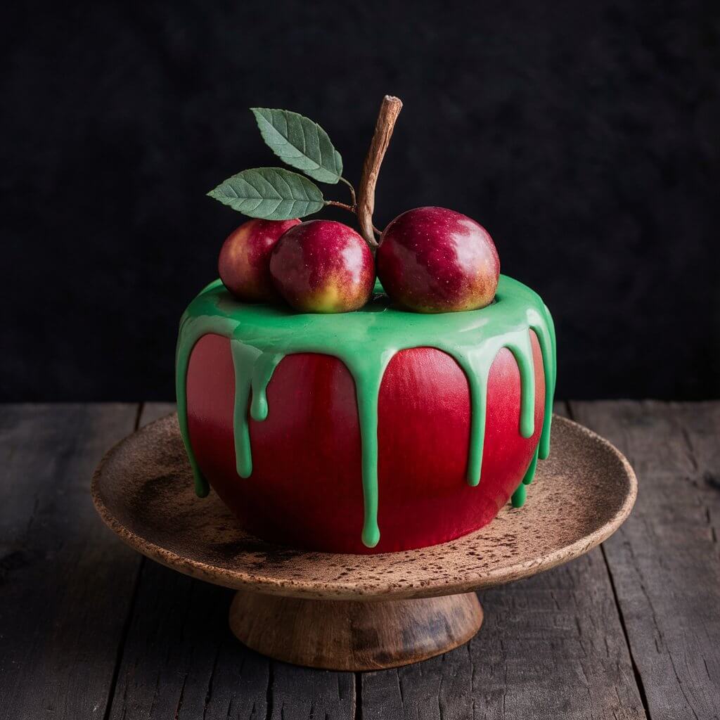 A Halloween cake shaped like an apple, covered in red fondant. Green "poison" icing drips down the sides, inspired by classic fairy tales, creating a beautiful yet ominous look.