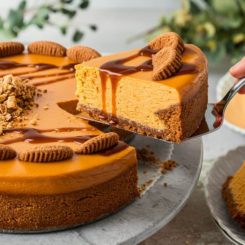 A rich pumpkin cheesecake with a smooth, creamy top and a gingersnap crust, with one piece being lifted out with a metal spatula. The cheesecake is decorated with a drizzle of caramel sauce and a sprinkle of crushed gingersnaps.The background includes a light, natural setting with greenery.