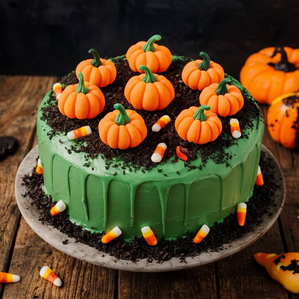 A festive Halloween cake covered in green icing, topped with mini fondant pumpkins. Crushed cookies mimic dirt, and additional details like candy corn and gummy worms complete the pumpkin patch scene.