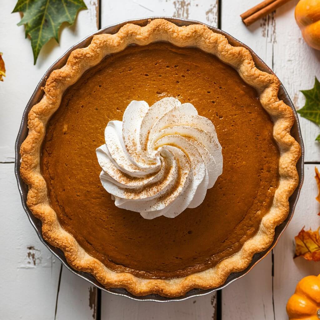 A perfectly baked pumpkin pie with a golden-brown crust, set on a rustic white wooden table. The pie is topped with a generous swirl of whipped cream, dusted with a hint of cinnamon. Surrounding the pie are autumn leaves, cinnamon sticks, and small pumpkins for a festive touch.