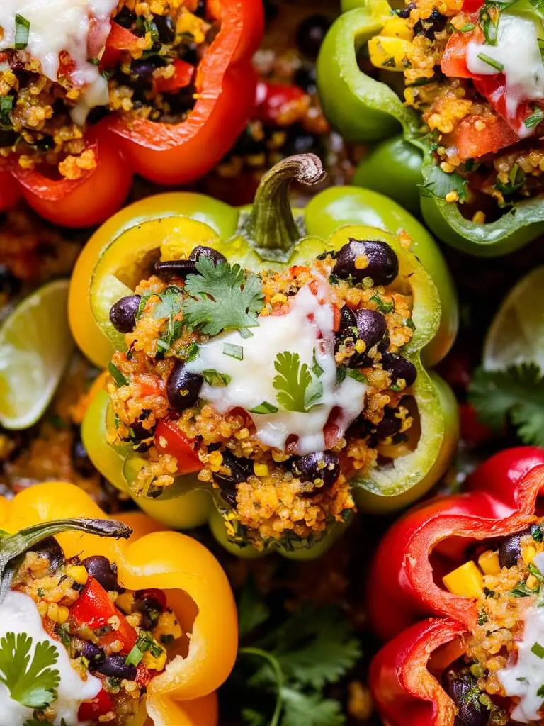 A delectable and appetizing image of a sumptuous quinoa-stuffed pepper dish. The vibrant colors of the dish are a feast for the eyes - red, yellow, and green bell peppers generously filled with a scrumptious mix of fluffy quinoa, black beans, corn, diced tomatoes, and finely chopped herbs. Topping the filling is a generous sprinkle of melted cheese, while fresh cilantro and a squeeze of lime juice add a burst of flavor. The perfectly roasted peppers, with their slightly blistered skins, create a delightful combination of textures and flavors that tantalize the taste buds.