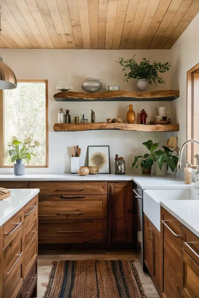 An earthy kitchen with raw edge shelves made from wood slabs with natural, uncut edges. These unique shelves add an organic and rustic touch, displaying kitchen essentials and decorative items.