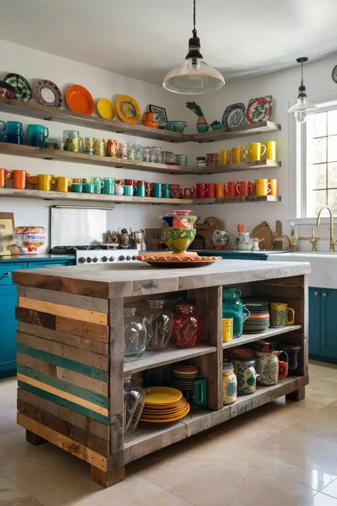 The photograph captures a vibrant and eclectic kitchen, bursting with personality and sustainable charm. The centerpiece is a sturdy kitchen island constructed from reclaimed wood, its natural grain and weathered texture adding a rustic touch. The island's surface is polished smooth, showcasing the character of the wood, while its base features open shelves filled with an assortment of colorful glass jars, plates, and mugs. These shelves provide a glimpse into the owner's eclectic taste, with each item varying in hue and design, creating a delightful mosaic of color.

Above the island, open shelves also made from reclaimed wood are mounted on the wall, holding an array of vintage kitchenware. These shelves are a mix of small and large, with some displaying stacks of bright ceramic plates in shades of turquoise, orange, and yellow, while others hold an assortment of retro mugs with quirky patterns. Glass jars filled with spices, grains, and dried goods line the shelves, their contents adding both color and texture to the space.

The walls of the kitchen are painted in a soft, warm hue, serving as a subtle backdrop that allows the vivid kitchenware to stand out. A vintage kettle in a cheery red sits on the stove, alongside a collection of mismatched pots and pans hanging from a reclaimed wooden rack. The flooring is a patchwork of reclaimed wood, each plank differing slightly in tone and finish, contributing to the room’s cozy, lived-in feel.

Sunlight streams through a large window above the sink, casting a natural glow on the scene and highlighting the rich, varied colors of the glass jars and ceramic dishes. Potted herbs on the windowsill add a touch of greenery, enhancing the kitchen’s eco-friendly vibe. The overall effect is one of warmth, creativity, and sustainability, with every detail reflecting a love for vintage charm and a commitment to eco-conscious living.