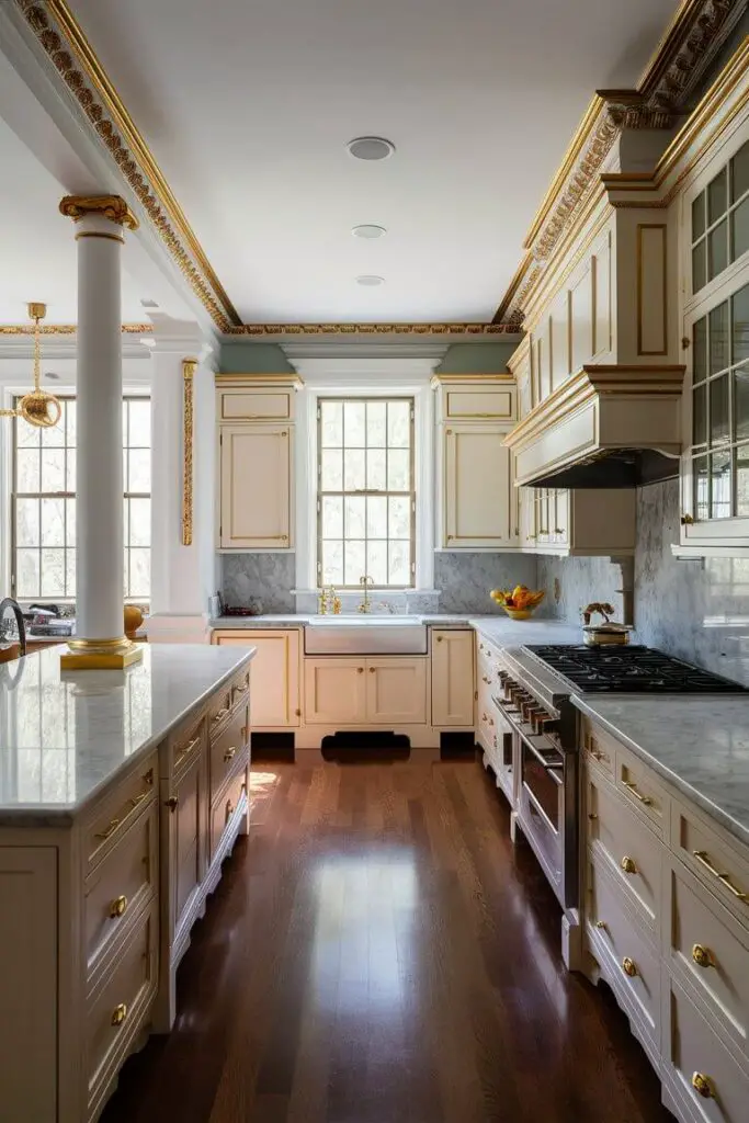 A realistic image of A Regency-style kitchen with white or cream cabinetry and marble countertops. Gold accents and decorative elements like cornices and columns create a luxurious feel. High ceilings and large windows allow natural light to fill the space, enhancing its elegance.