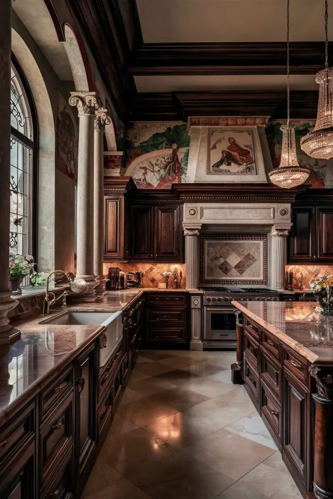 A breathtaking close-up photo of a luxurious Renaissance-style kitchen. The dark wood cabinetry is adorned with intricate carvings and elegant handles, while the polished marble countertops gleam under soft, ambient lighting. A stunning backsplash features historical motifs, frescoes, and tile patterns, adding an artistic touch to the space. Large, arched windows allow natural light to fill the room, highlighting the grandeur of the design. Decorative columns frame the cooking area, emphasizing classical architectural elements. A spacious island with matching marble countertops provides ample workspace and storage. Elegant chandeliers hang from the high ceiling, casting a warm glow that complements the rich textures and finishes. The atmosphere is a timeless blend of elegance and classical beauty, transporting you back to the Renaissance era.