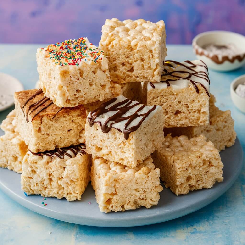 Squares of Rice Krispie treats stacked on a platter, some with colorful sprinkles or a drizzle of chocolate. The treats are light golden brown and look crispy and marshmallowy.