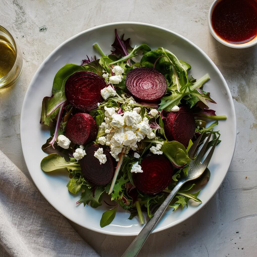 "A vibrant salad featuring deep red roasted beets, paired with fresh, crisp greens, and adorned with creamy crumbles of goat cheese."