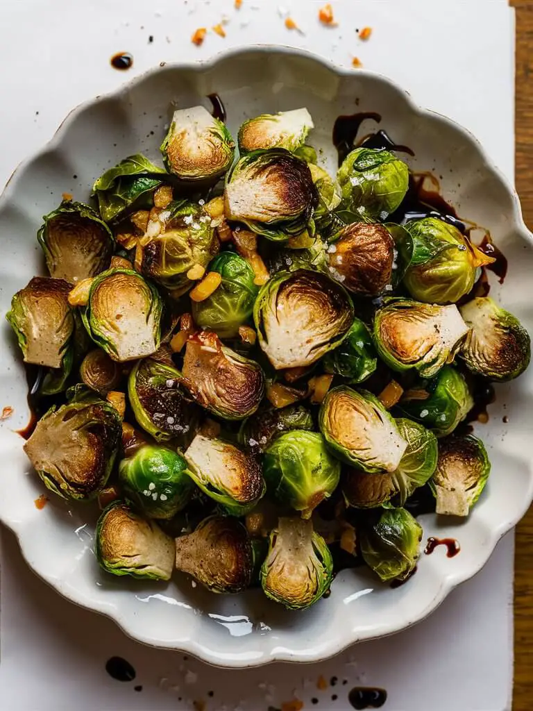 A vibrant plate of crispy roasted Brussels sprouts is showcased on a white ceramic dish. The Brussels sprouts are perfectly golden-brown, with charred edges that hint at their crispy texture. Each sprout is halved, revealing a tender, slightly caramelized interior. The dish is garnished with a light sprinkle of coarse sea salt and freshly ground black pepper, adding a touch of elegance. Scattered among the sprouts are tiny bits of roasted garlic and a drizzle of balsamic glaze, which enhances the rich, savory aroma. The background is a simple, rustic wooden table, allowing the colorful dish to be the focal point of the image. The overall presentation is both appetizing and visually appealing, capturing the essence of this delicious, healthy side dish.