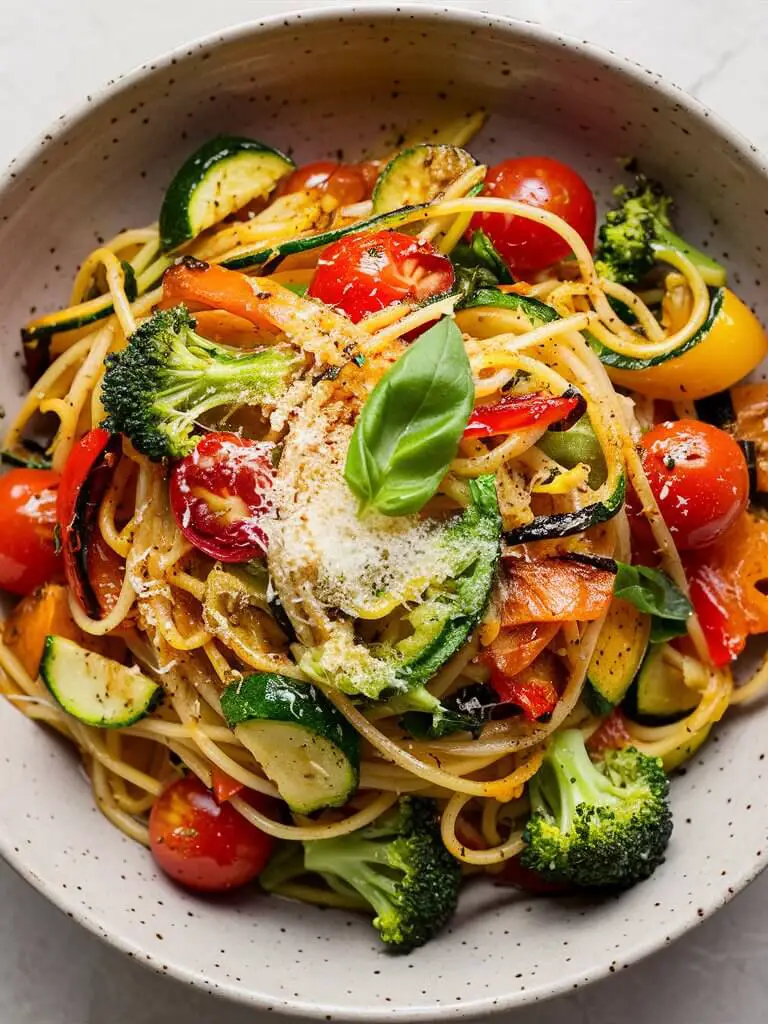 A colorful plate of roasted vegetable pasta, featuring vibrant cherry tomatoes, zucchini slices, bell peppers, and broccoli florets tossed in olive oil and herbs. The pasta is perfectly al dente, intertwined with the caramelized vegetables, sprinkled with grated Parmesan cheese and fresh basil leaves on top, served in a rustic ceramic bowl.