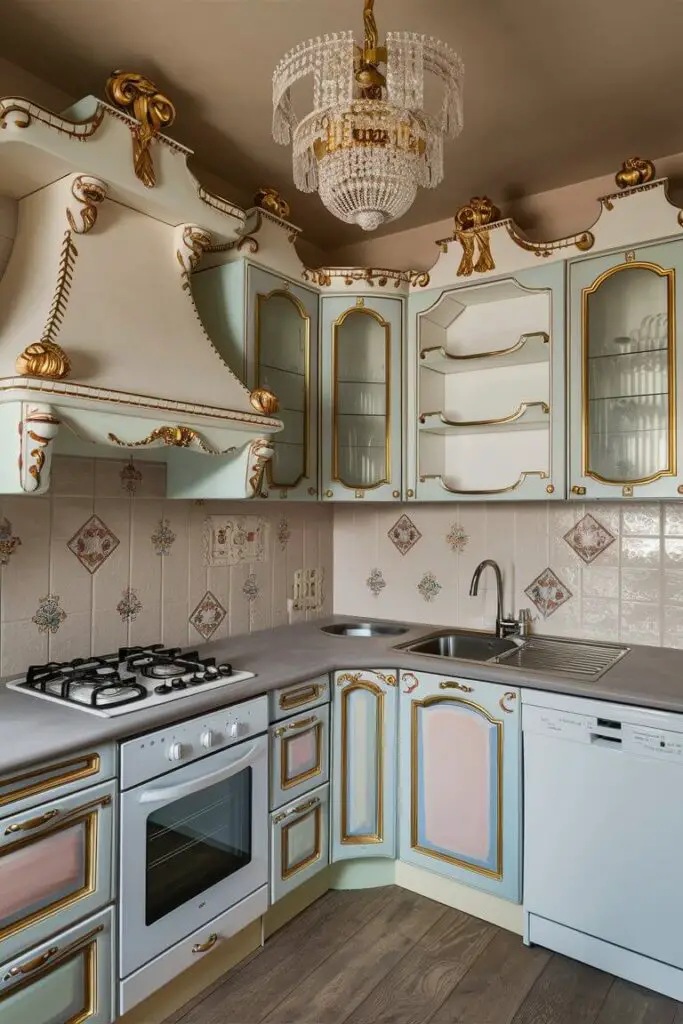 A realistic image of A Rococo kitchen with pastel color schemes and delicate curves. White or pastel-painted cabinetry with gold accents and intricate moldings add to the whimsical yet sophisticated feel. Decorative tiles and a chandelier complete the elegant, playful design. The countertop has a gas stove, stainless steel kitchen sink with a faucet, and dishwasher