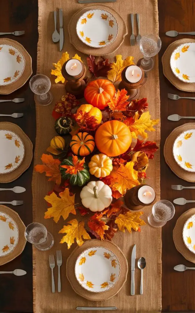 A warm and inviting autumn scene featuring a dining table set with rustic charm. The burlap table runner creates a cozy atmosphere, with matching place settings that include plates adorned with golden leaves. The centerpiece is a beautiful arrangement of fall elements, such as vibrant orange and yellow leaves, small pumpkins of various shapes and sizes, and wooden candlesticks holding flickering candles. The overall ambiance evokes the warm, comforting feelings of the harvest season.