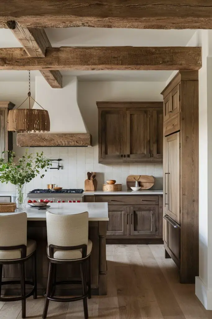 A close-up shot of An earthy kitchen with exposed rustic wood beams. The wood beams add architectural interest and a farmhouse feel, complementing the other natural elements in the space.