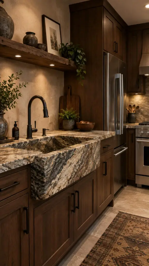 Rustic modern kitchen with warm glow