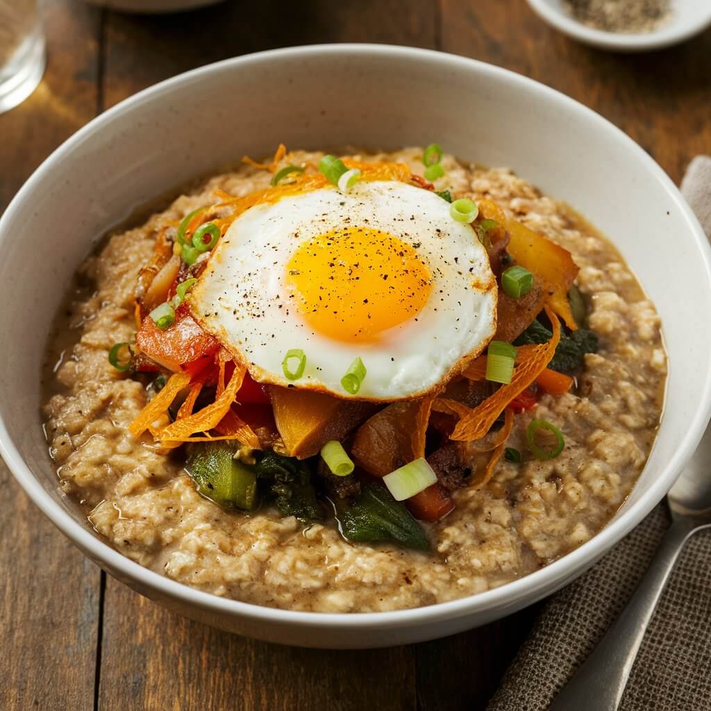 A bowl of savory oatmeal topped with sautéed vegetables, a fried egg, and a sprinkle of cheese. The oatmeal has a rich, creamy texture and is garnished with chopped green onions and a dash of black pepper. The bowl is placed on a wooden table with a spoon and a napkin beside it, and a small dish of seasoning in the background.