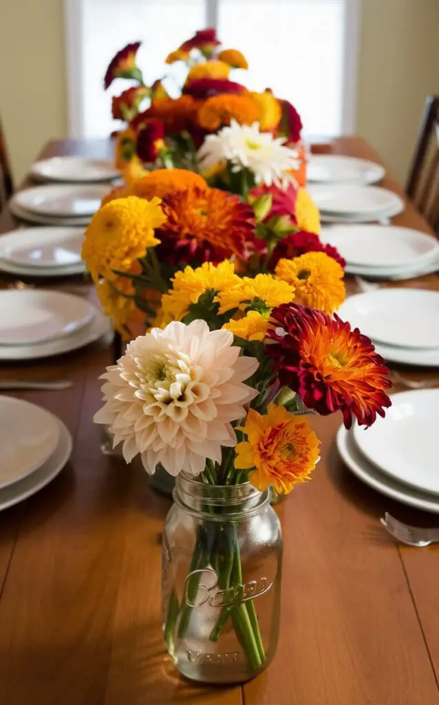 A dining table adorned with seasonal flowers like dahlias, marigolds, and chrysanthemums as part of the fall decor. The flowers are arranged in vases and mason jars, adding vibrant color and life to the table.