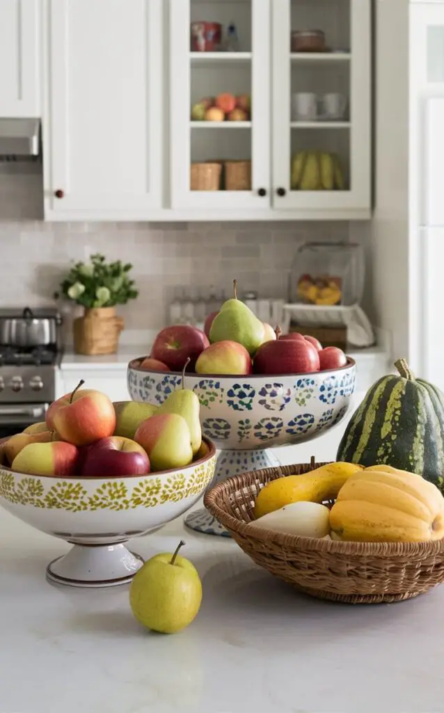 Decorative bowls and baskets filled with apples, pears, and squash on a kitchen counter. These seasonal fruits and vegetables add a touch of fall decor while providing easy access to healthy snacks.